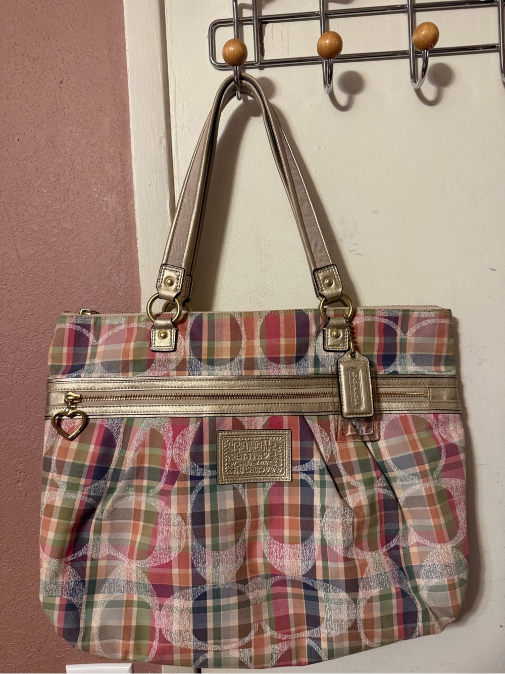 Coach Multicolor Plaid Tote with Gold Accents